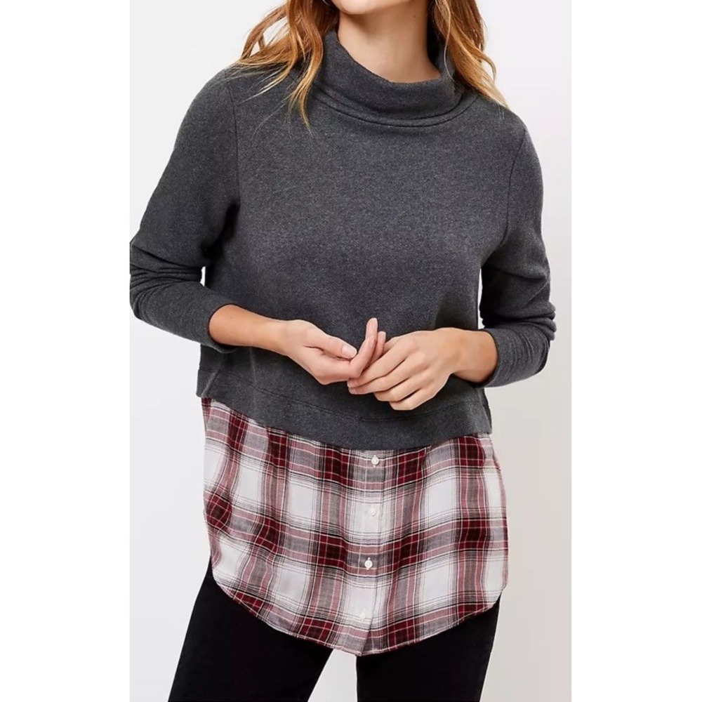 Loft Womens Plaid Layered Mixed Media‎ Turtleneck Sweatshirt Top Oversized Sz L